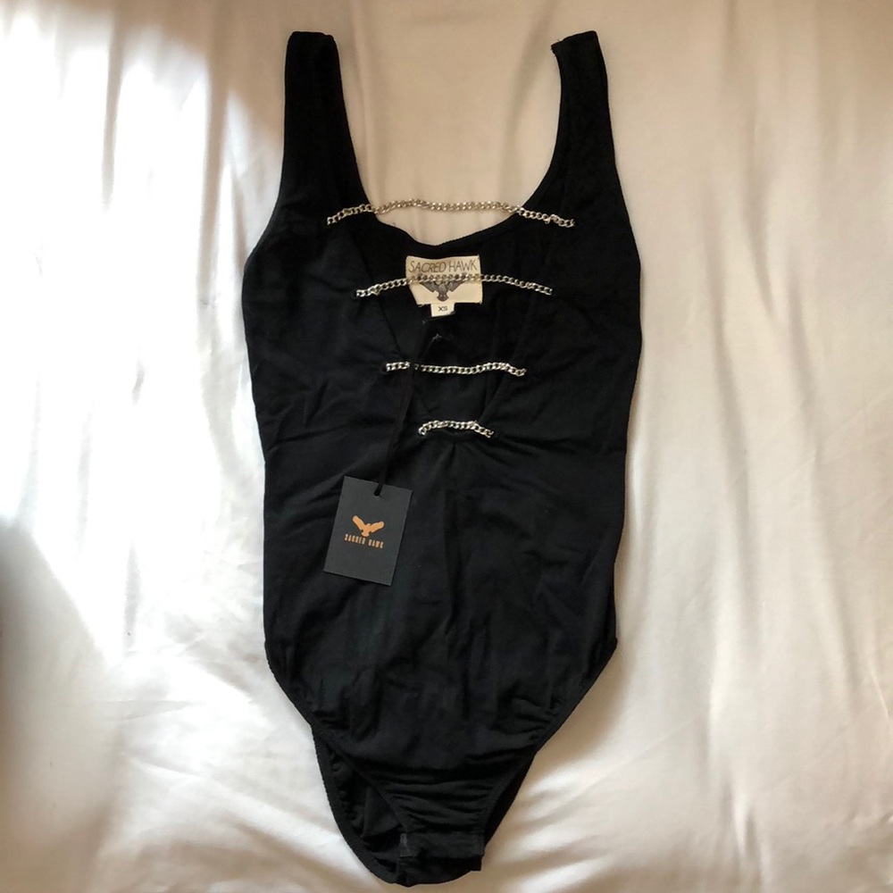 ASOS black plunge bodysuit, silver chain detailing